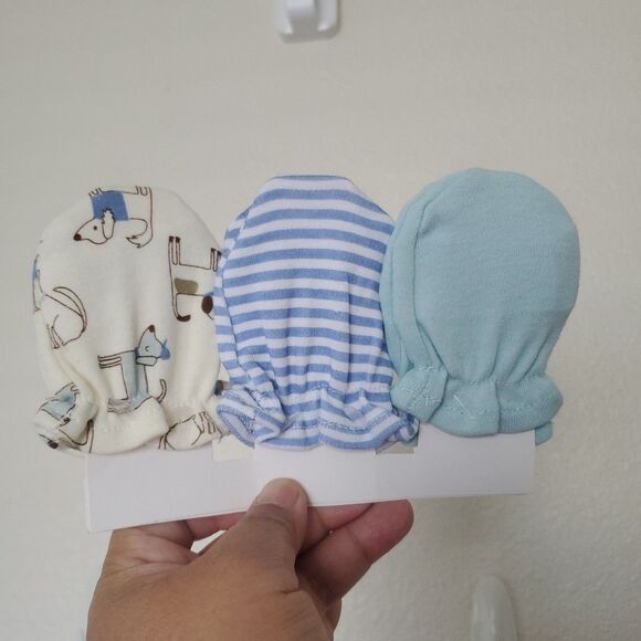 Boy’s Newborn Child Mittens, 3 pack Doggie Stripes and Solid Cream Blue Green - Picture 1 of 8